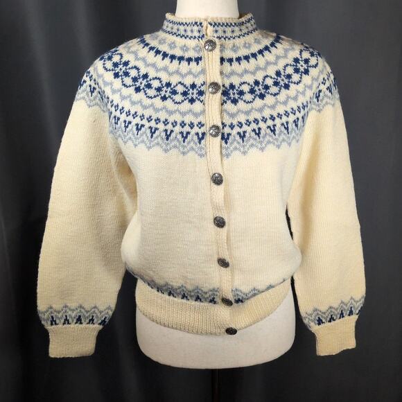 Tronderstua Sweaters - VTG Tronderstua Norway Handmade Wool Knit Fair Isle Cardigan Sweater Blue Ivory